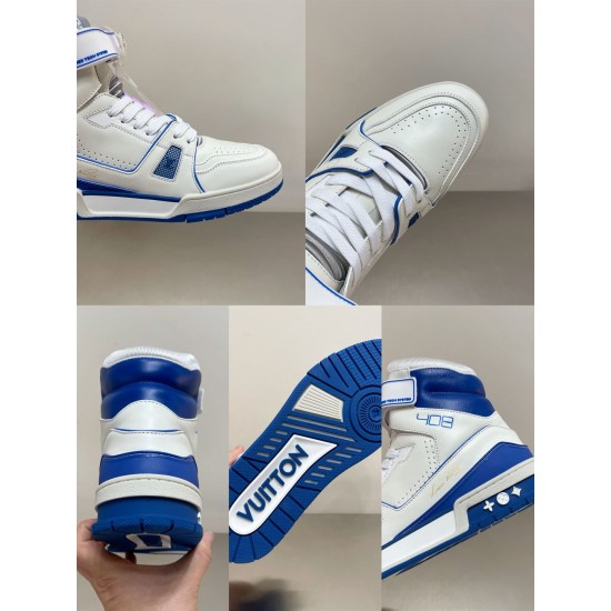 L High Top Trainer Sneaker Boot White Blue Detail Grid Composite detail view of toe box, sole, heel and side of L high top trainer sneaker boot in white and blue