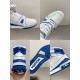 L High Top Trainer Sneaker Boot White Blue Detail Grid Composite detail view of toe box, sole, heel and side of L high top trainer sneaker boot in white and blue