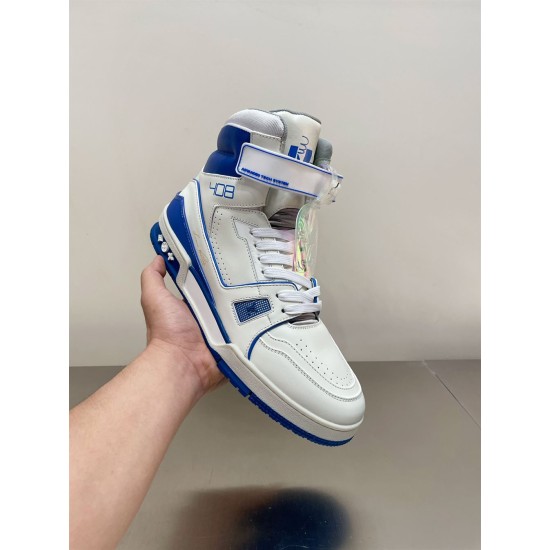 L High Top Trainer Sneaker Boot White Blue Angled Front Angled front view of L high top trainer sneaker boot in white and blue