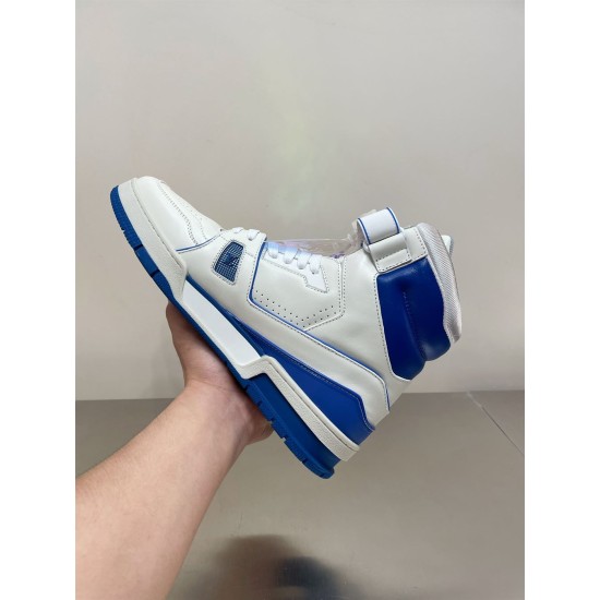 L High Top Trainer Sneaker Boot White Blue Medial View Medial side view of L high top trainer sneaker boot in white and blue
