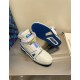 L High Top Trainer Sneaker Boot White Blue Sole and Upper View Sole and upper angle of L high top trainer sneaker boot in white and blue