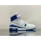L High Top Trainer Sneaker Boot White Blue Outer Angle Outer side angle of L high top trainer sneaker boot in white and blue