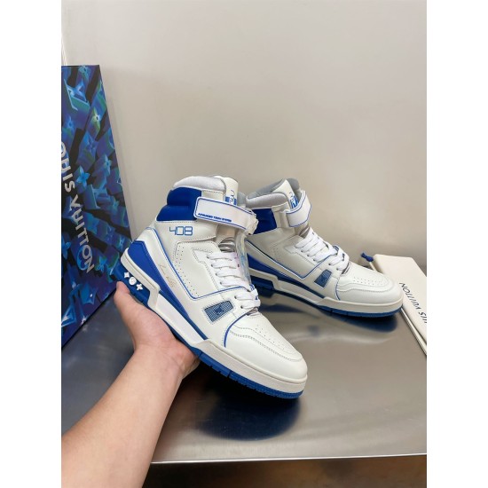 L High Top Trainer Sneaker Boot White Blue Handheld View Three-quarter front angle of L high top trainer sneaker boot in white and blue being held