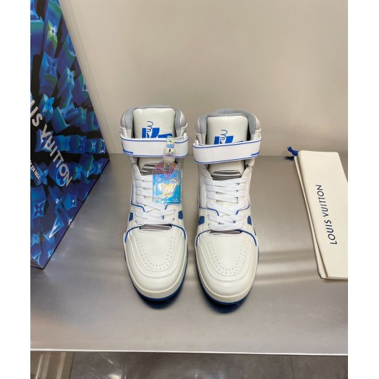 L High Top Trainer Sneaker Boot White Blue Front View Front view showing laces and ankle strap of L high top trainer sneaker boot in white and blue