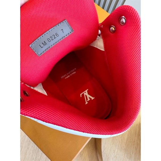 Interior lining and branded insole of L Trainer high top sneaker in red and white