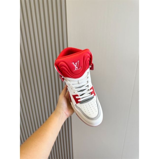 Top down view of L Trainer high top sneaker highlighting red tongue and laces in red and white