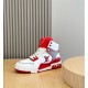L Trainer high top sneaker in red and white leather, medial side profile