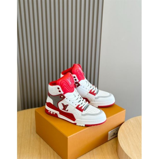 L Trainer high top sneaker in red and white leather viewed from the front quarter