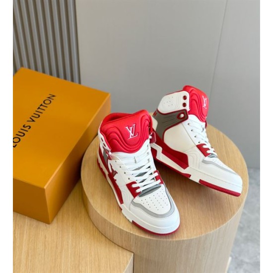 Angle view of L Trainer high top sneaker showing red collar and white laces