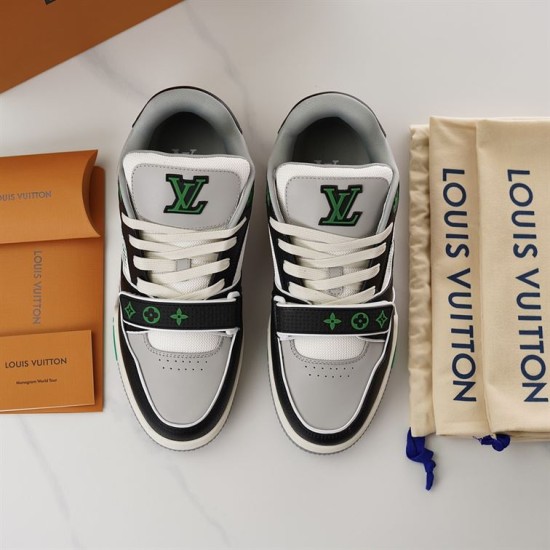 L Trainer Low Top Green Black Grey Leather Monogram Mesh Sneakers Pair Top View Direct top view of both L Trainer Low Top Green Black Grey Leather Monogram Mesh Sneakers