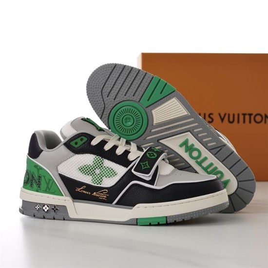 L Trainer Low Top Green Black Grey Leather Monogram Mesh Sneakers Sole View Side profile of L Trainer Low Top Green Black Grey Leather Monogram Mesh Sneakers with rubber sole displayed