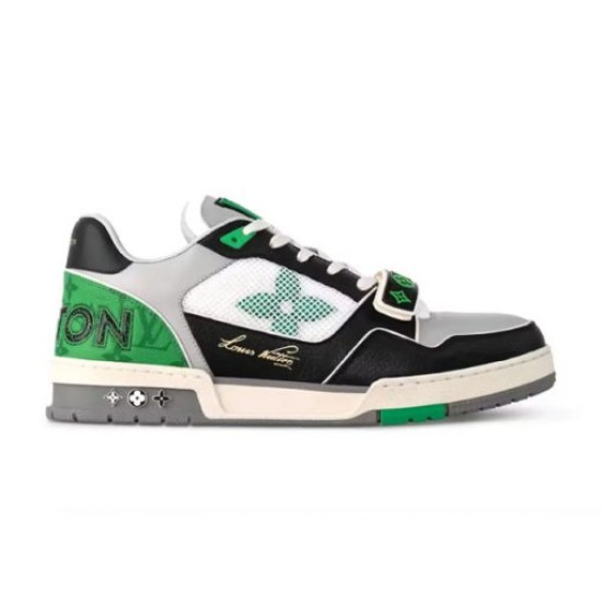 L Trainer Low Top Green Black Grey Leather Monogram Mesh Sneakers Side Profile Full lateral side view of L Trainer Low Top Green Black Grey Leather Monogram Mesh Sneakers on white background