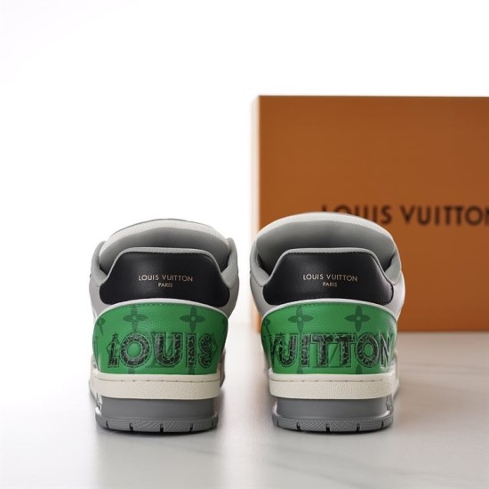 L Trainer Low Top Green Black Grey Leather Monogram Mesh Sneakers Heel View Back view showing both heels of L Trainer Low Top Green Black Grey Leather Monogram Mesh Sneakers