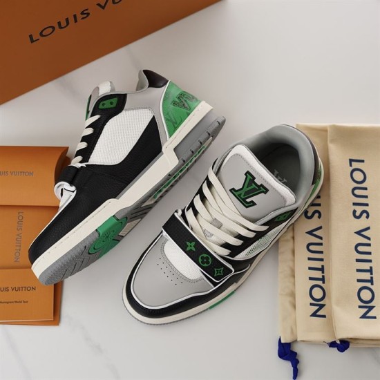 L Trainer Low Top Green Black Grey Leather Monogram Mesh Sneakers Overhead View with Accessories Top-down view of L Trainer Low Top Green Black Grey Leather Monogram Mesh Sneakers with dust bags and box