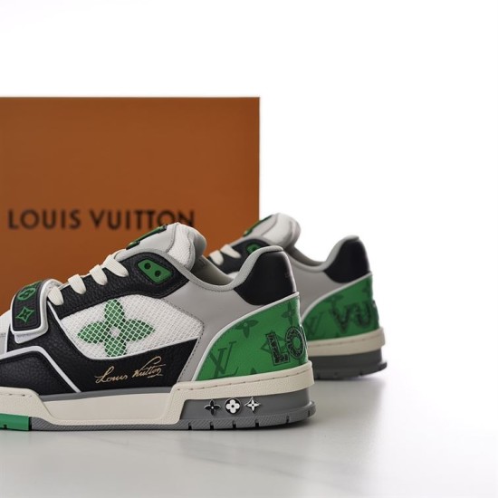 L Trainer Low Top Green Black Grey Leather Monogram Mesh Sneakers Heel Three-Quarter View Rear three-quarter view showing the green heel detailing on L Trainer Low Top Green Black Grey Leather Monogram Mesh Sneakers