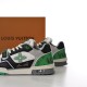 L Trainer Low Top Green Black Grey Leather Monogram Mesh Sneakers Heel Three-Quarter View Rear three-quarter view showing the green heel detailing on L Trainer Low Top Green Black Grey Leather Monogram Mesh Sneakers