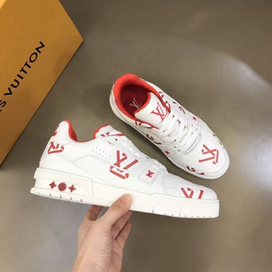 L Trainer Sneaker White Red Graphic Printed Leather Low Top Footwear overhead angled view held by hand