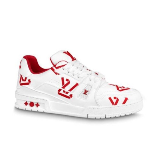 L Trainer Sneaker White Red Graphic Printed Leather Low Top Footwear studio lighting presentation view