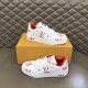 L Trainer Sneaker White Red Graphic Printed Leather Low Top Footwear pair displayed with orange packaging box