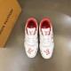 L Trainer Sneaker White Red Graphic Printed Leather Low Top Footwear front upper view displaying branded tongue