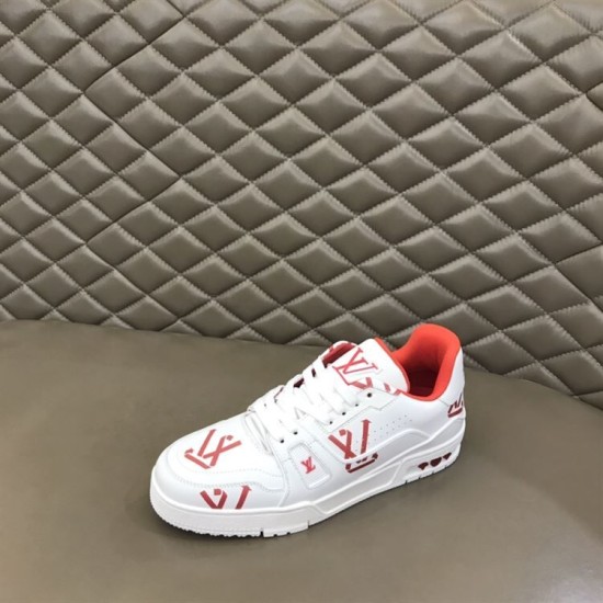 L Trainer Sneaker White Red Graphic Printed Leather Low Top Footwear angled perspective showcasing sole texture