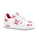 L Trainer Sneaker White Red Graphic Printed Leather Low Top Footwear profile view showing red graphics on white leather