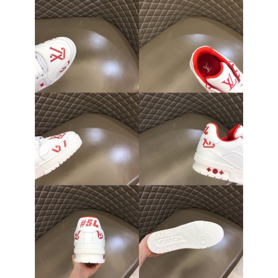 L Trainer Sneaker White Red Graphic Printed Leather Low Top Footwear multi-angle detail grid featuring heel and outsole