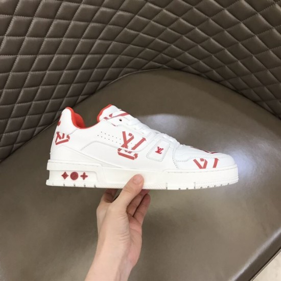 L Trainer Sneaker White Red Graphic Printed Leather Low Top Footwear medial side showing perforation details
