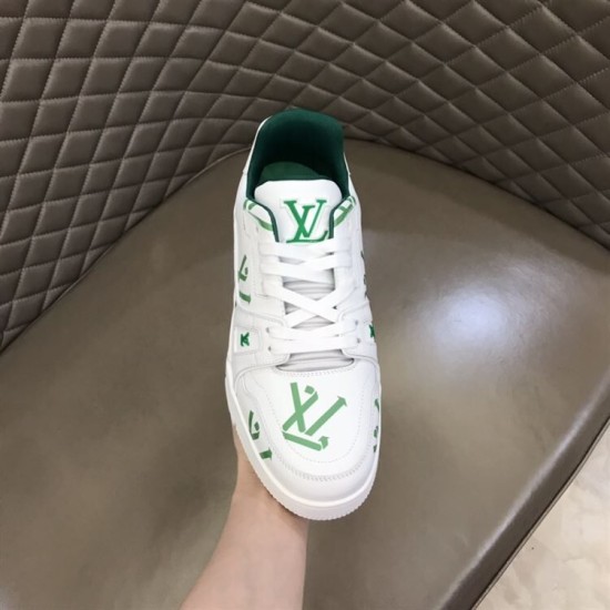 L Trainer Low Top White And Green Graphic Print Leather Sneakers top lacing and tongue detail L Trainer Low Top White And Green Graphic Print Leather Sneakers top lacing and tongue detail