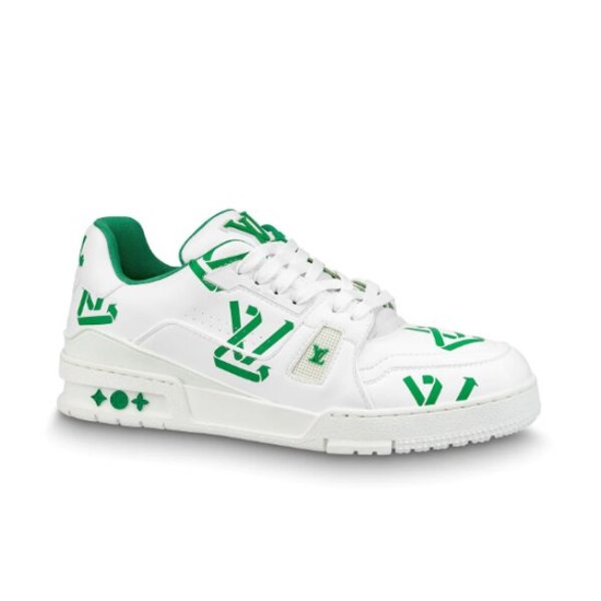 L Trainer Low Top White And Green Graphic Print Leather Sneakers studio side profile L Trainer Low Top White And Green Graphic Print Leather Sneakers studio side profile