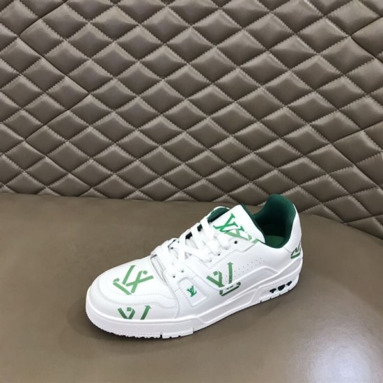 L Trainer Low Top White And Green Graphic Print Leather Sneakers single shoe lateral angle L Trainer Low Top White And Green Graphic Print Leather Sneakers single shoe lateral angle