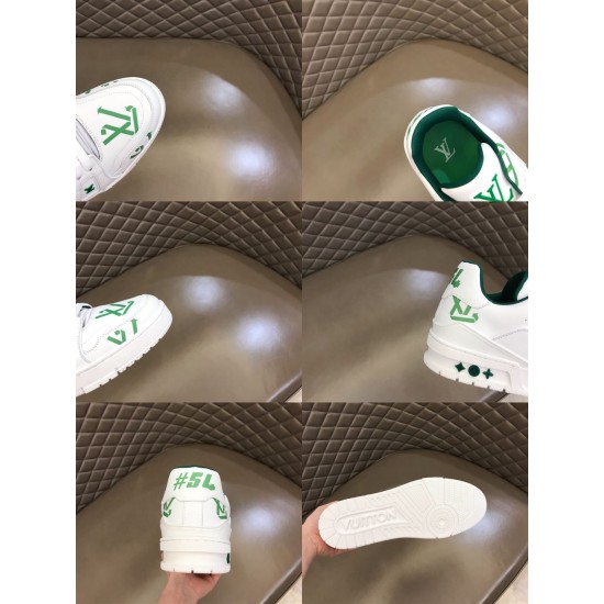 L Trainer Low Top White And Green Graphic Print Leather Sneakers multi-panel grid showing sole and heel details L Trainer Low Top White And Green Graphic Print Leather Sneakers multi-panel grid showing sole and heel details
