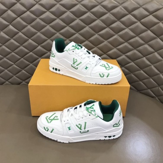 L Trainer Low Top White And Green Graphic Print Leather Sneakers pair displayed with box L Trainer Low Top White And Green Graphic Print Leather Sneakers pair displayed with box