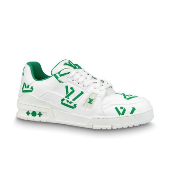 L Trainer Low Top White And Green Graphic Print Leather Sneakers isolated clean background shot L Trainer Low Top White And Green Graphic Print Leather Sneakers isolated clean background shot