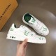 L Trainer Low Top White And Green Graphic Print Leather Sneakers overhead angled pair view L Trainer Low Top White And Green Graphic Print Leather Sneakers overhead angled pair view