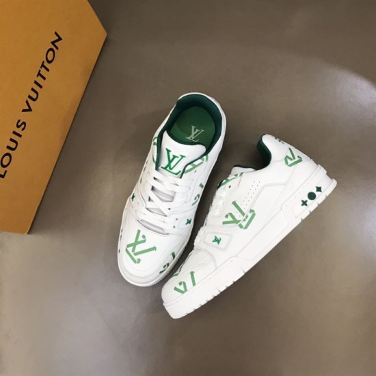 L Trainer Low Top White And Green Graphic Print Leather Sneakers top down layout L Trainer Low Top White And Green Graphic Print Leather Sneakers top down layout