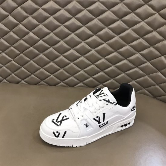 L Monogram Print Leather Low Top Trainers White Black Front Three-Quarter View L Monogram Print Leather Low Top Trainers White Black front three-quarter view