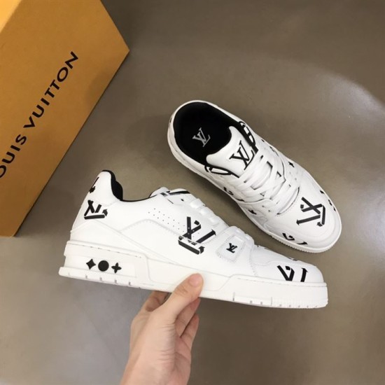 L Monogram Print Leather Low Top Trainers White Black Angled Pair L Monogram Print Leather Low Top Trainers White Black overhead angled view