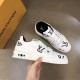 L Monogram Print Leather Low Top Trainers White Black Angled Pair L Monogram Print Leather Low Top Trainers White Black overhead angled view