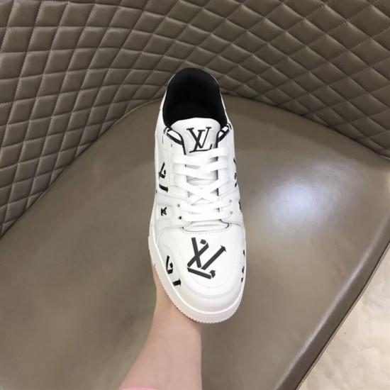 L Monogram Print Leather Low Top Trainers White Black Toe Box Detail L Monogram Print Leather Low Top Trainers White Black toe box and tongue focus