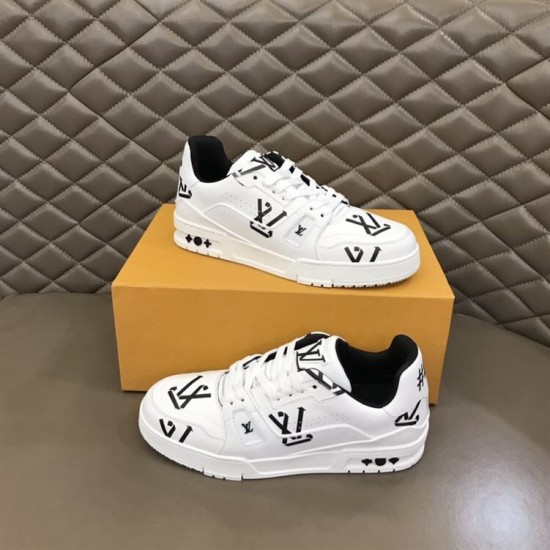 L Monogram Print Leather Low Top Trainers White Black Box Presentation L Monogram Print Leather Low Top Trainers White Black paired on orange box
