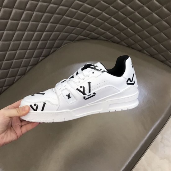 L Monogram Print Leather Low Top Trainers White Black Inner Side Profile L Monogram Print Leather Low Top Trainers White Black inner side profile view