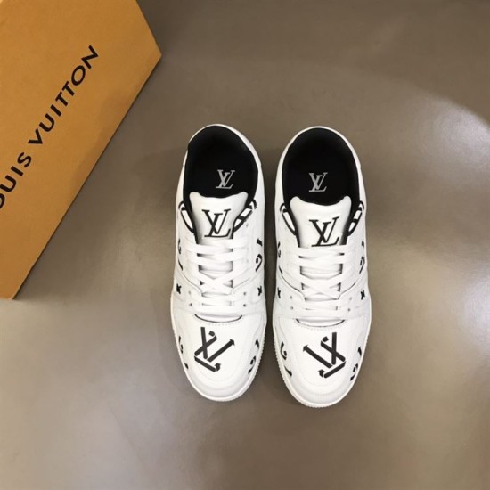 L Monogram Print Leather Low Top Trainers White Black Overhead View L Monogram Print Leather Low Top Trainers White Black top-down lacing view