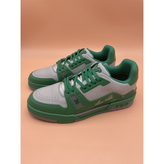 L Trainer Low Top Leather Trainers In Green And Grey - Upper Angle Top angled pair view of L trainers in green and grey showing toe box perforations