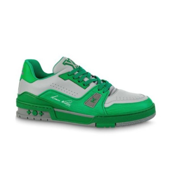 L Trainer Low Top Leather Trainers In Green And Grey - Studio Profile Studio profile of L low top trainer in green and grey on white backdrop