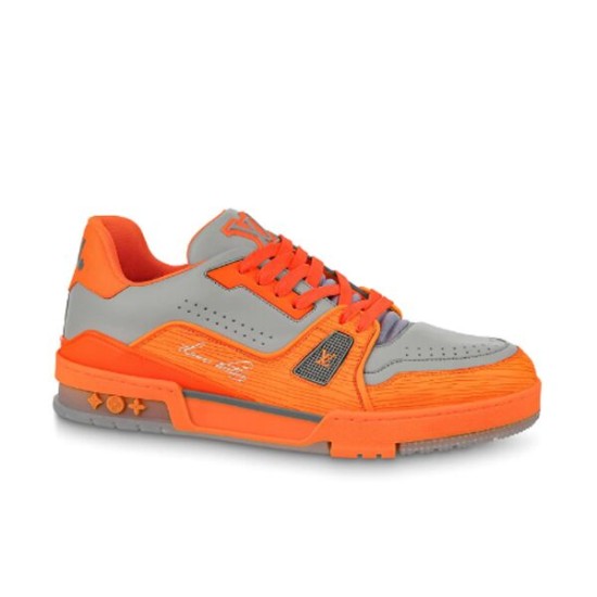 Lateral View of L Orange And Grey Low Top Trainer Sneakers Side profile of L orange and grey low top trainer sneakers showcasing structured panels