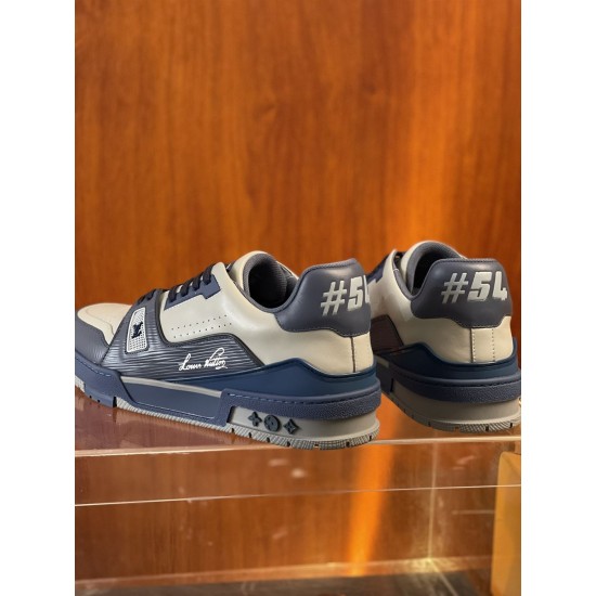 Rear view of L Trainer grey and navy blue leather sneakers featuring heel numbers