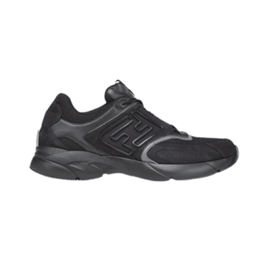 Black Low-Top Trainer Side Profile in white and red Black low-top trainer with thick sole and layered panels in white and red