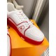 L Trainer Low Top Leather White Red Trainers Toe and Laces Detail Close-up of toe box, laces and side logo on L Trainer Low Top Leather White Red Trainers