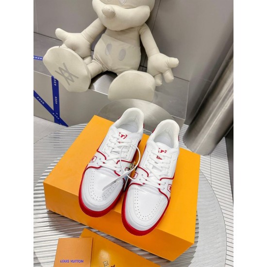 L Trainer Low Top Leather White Red Trainers Pair Top View L Trainer Low Top Leather White Red Trainers top-down pair view